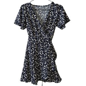 Navy Blue Floral Wrap Mini Dress